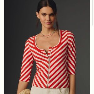 Anthropologie Maeve Front Zip Scoop Neck Striped Top in Orange Motif, NWT, Med